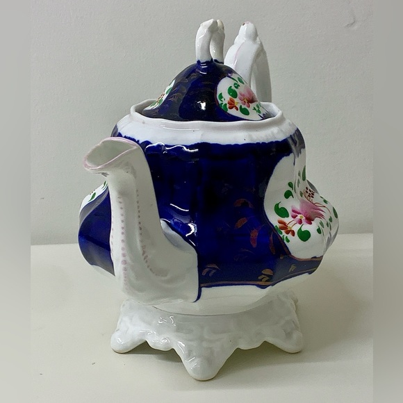 19th Century Antique Gaudy Welsh Feather Pattern Ring Finial Lidded Teapot - Picture 3 of 16